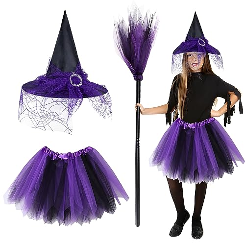 BIQIQI Hexenkostüm Mädchen Halloween Kostüm Kinder mit Hexenhut Hexenrock Hexenbesen Hexe Kostüm Kinder Mädchen 3-8 Jahre für Fasching Karneval Halloween Rollenspiel von BIQIQI