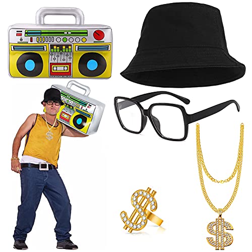 BIQIQI Hip Hop Kostüm Kit Herren 80er 90er Rapper Outfits für Erwachsene Zubehör Geburtstag Gefälligkeiten Eimer Hut Dollar Zeichen Goldene Ring Halskette Aufblasbarer Boombox von BIQIQI