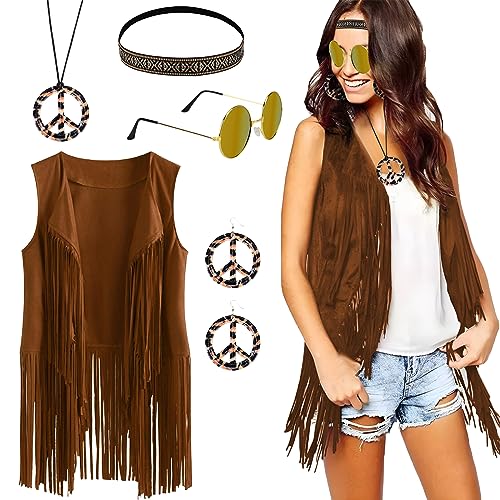 BIQIQI Hippie Kleidung Damen 70er Jahre Bekleidung Damen Fransenweste, Sonnenbrille, Stirnband, Ohrringe, Halskette Disco Outfit für Karneval, FaschingsKostüm, Hallowee (M) von BIQIQI