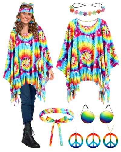 BIQIQI Hippie kostüm Damen, 60er 70er Jahre-Outfits für Damen Hippie Kleidung Damen Zubehör mit Hippie Poncho Outfit Faschingskostüme Damen Mädchen Boho Hippie Kostüm für Karneval Disco Party Cosplay von BIQIQI