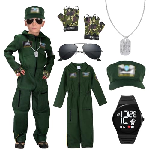 BIQIQI Kampfjet Pilot Kostüm Kinder, Jetpilot Kostüm Kinder Flieger Kostüm mit Piloten Overall Uniform Kappe Handschuhe Sonnenbrille Uhr und Erkennungsmarke Halloween Fasching Karneval Kostüm Cosplay von BIQIQI