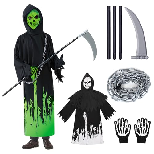 BIQIQI Kinder Sensenmann Grim Reaper Kinderkostüm, Deluxe Glow in The Dark Phantom Kinder Kostüm (L) von BIQIQI