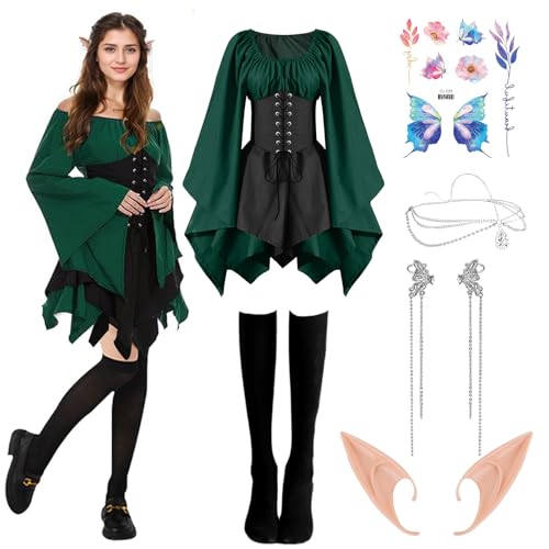 Mittelalter Kleid Damen, Traditionelles Irisches Kleid Gothic Kostüme Damen mit Elfenohren Haarschmuck Ohrclips Socken Renaissancekleid Elfenmädchen Cosplay für Mädchen Halloween Karneval Fasching L von BIQIQI