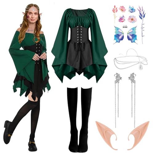 Mittelalter Kleid Damen, Traditionelles Irisches Kleid Gothic Kostüme Damen mit Elfenohren Haarschmuck Ohrclips Socken Renaissancekleid Elfenmädchen Cosplay für Mädchen Halloween Karneval Fasching L von BIQIQI