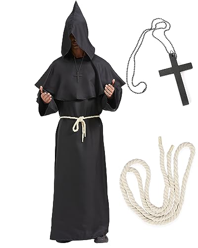 BIQIQI Mönch Robe Priester Kostüm Mönchskostüm Mittelalter Renaissance Hooded Mönch Kostüm Halloween Zauberer Kostüm mit Mantel Taillenseil und Kreuz Halskette für Erwachsene (M) von BIQIQI