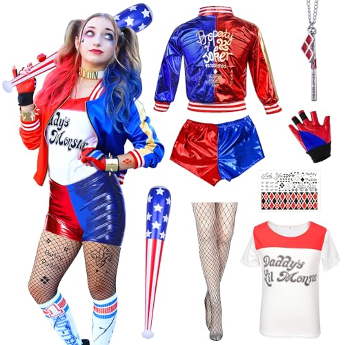 BIQIQI Quinn Kostüme Erwachsene, Quinn Cosplay Kostüme mit T-Shirt Jacke Shorts Baseballschläger Netzstrümpfe und Tatto Quinn kostüm Damen für Halloween Weihnachten Karneval Joker Fasching Cosplay S von BIQIQI