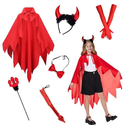 BIQIQI Halloween Teufel Kostüm Damen, Halloween Kostüm Damen, 6 Stück Teufel Kostüm Mädchen, Devil Costume mit Teufel Umhang, Teufel Dreizack, Teufel Hörner, Teufel Accessoires für Halloween Party von BIQIQI