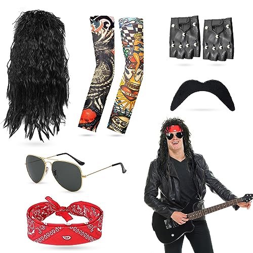 BIQIQI Rocker Outfit Herren, 6pcs Herren Kostüm Rock Star 70er 80er 90er Jahre, Herren Rockstar Kostüm mit Bart Kopftuch Sonnenbrille Handschuhe Geblümte Arme Disco Rockstar Perücke für Männer Frauen von BIQIQI