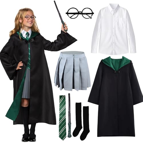 BIQIQI Zauberer Cosplay Kostüm, 7 Pcs Kostüm Kinder Mädchen mit Umhang Bluse Rock Socken Zauberstab Brille Krawatte, Zauberer Outfit Magier Robe Kostüm für Halloween Karneval Faschingskostüme Party von BIQIQI