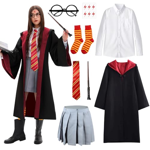 Zauberer Cosplay Kostüm Erwachsene, 8 Pcs Harry Kostüm Mädchen Damen mit Umhang Bluse Rock Socken Zauberstab Brille Krawatte, Zauberer Outfit Magier Robe Kostüm für Halloween Karneval Party (Rot, L) von BIQIQI