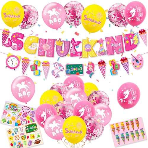 Einschulung Deko Mädchen, Schuleinführung Schulanfang Deko Set, Rosa Schulkind Luftballon mit Einhorn Meerjungfrau ABC 123 Muster, SCHULKIND Banner, Zuckertüte Girlande und Aufkleber Einschulung von BIQIQI