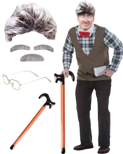 Opa Kostüm Alter Mann Kostüm mit Opa Perücke Schnauzbart Augenbrauen Runde Brille Aufblasbarer Spazierstock, Fasching Karneval Halloween Verkleidung Opa Grandpa Professor kauziger Alter Großvater von BIQIQI