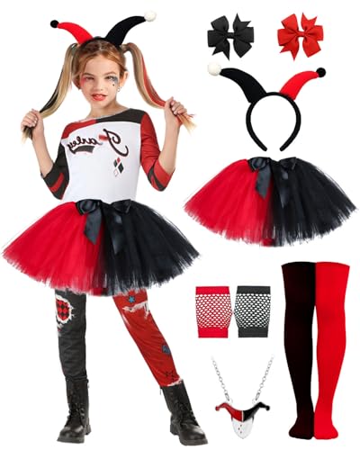 BIQIQI Quinn Cosplay Kostüm Kinder, Quinn Cosplay Kostüm Tüllrock mit Haarschleife Netzhandschuhe Halskette Socken Clownkostüm for Mädchen Halloween Karneval Joker Fasching Cosplay von BIQIQI