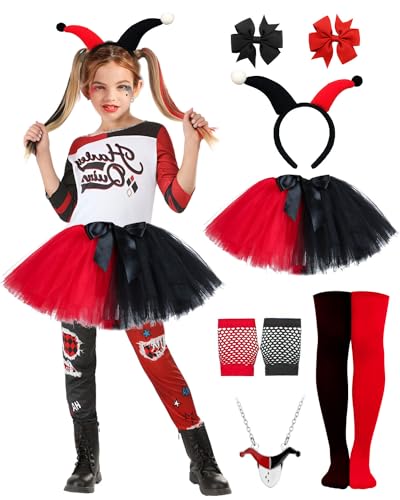 BIQIQI Quinn Cosplay Kostüm Kinder, Quinn Cosplay Kostüm Tüllrock mit Haarschleife Netzhandschuhe Halskette Socken Clownkostüm for Mädchen Halloween Karneval Joker Fasching Cosplay von BIQIQI