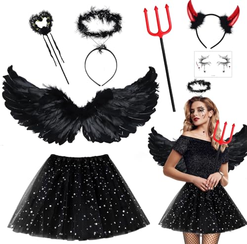 Teufel Kostüm Schwarz Engel Kostüm Damen Mädchen, Engelsflügel Kostüm mit Schwarze Flügel Heiligenschein Zauberstab Teufelshörner Heugabel Tutu Rock, Engel und Teufel Kostüm für Halloween Karneval von BIQIQI