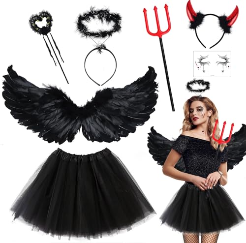 Teufel Kostüm Schwarz Engel Kostüm Damen Mädchen, Engelsflügel Kostüm mit Schwarze Flügel Heiligenschein Zauberstab Teufelshörner Heugabel Tutu Rock, Engel und Teufel Kostüm für Halloween Karneval von BIQIQI