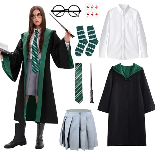 Zauberer Cosplay Kostüm Erwachsene, 8 Pcs Harry Kostüm Mädchen Damen mit Umhang Bluse Rock Socken Zauberstab Brille Krawatte, Zauberer Outfit Magier Robe Kostüm für Halloween Karneval Party (Grün, XL) von BIQIQI