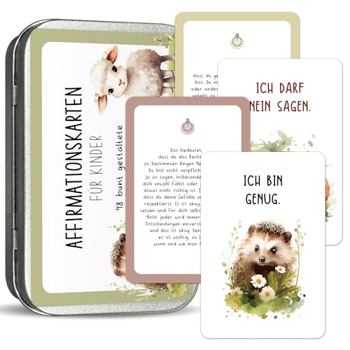 BIROYAL 48 affirmationskarten Kinder - Selbstbewusstsein stärken Kinder - Motivationskarten fördert Achtsamkeit, Mut, Dankbarkeit und Nachdenken - Gefühlskarten für Kinder (Tieraquarell) von BIROYAL