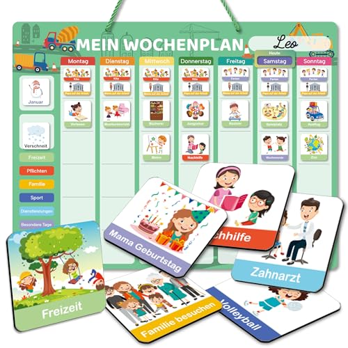 BIROYAL Wochenplaner für Kinder | Montessori Magnettafel inkl. 184 Magnete & Kordel | Kalender beschreib & abwischbar | magnetisches Lernspielzeug auf Deutsch für Kinder, Jungen & Mädchen, Baufahrzeug von BIROYAL