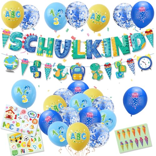 Einschulung Deko, Schuleinführung Schulanfang Deko Set，Blau Luftballon, Blau Banner und Latex Luftballon, Aufkleber, Blau Einschulung deko von BITHAI