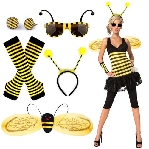 5stk Bienenkostüm Erwachsene Damen Accessoires mit Bienen Haarreif Flügel Ohrringe Handschuhe Brille Biene Bienen Kostüm Damen Mädchen Zubehör Kostüm Biene Damen für Faschingskostüm Biene von BITOWO