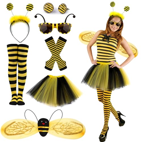 BITOWO 7stk Bienenkostüm Erwachsene Damen Bienen Flügel Tütü Rock Haarreif Ohrringe Socken Handschuhe Brille Biene Bienen Kostüm Damen Zubehör Kostüm Biene Damen Karneval Faschingskostüm Verkleidung von BITOWO