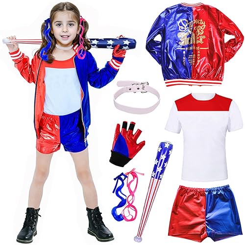 BITOWO Kostüm Kinder Mädchen 134 140 146 Jacke Tshirt Hose Handschuhe Halskette Perücke Kostüm Kostüm Kinder für Karneval Faschingskostüm Cosplay von BITOWO