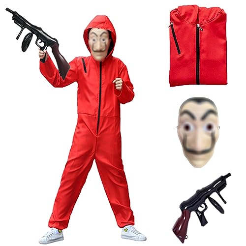 BITOWO Haus Des Geldes Kostüm Kinder Roter Overall 122-134 mit Maske Bankräuber Kostüm Kinder Dieb Kostüm Costume Anzug für Halooween kostüme Kinder Jungen Mädchen von BITOWO