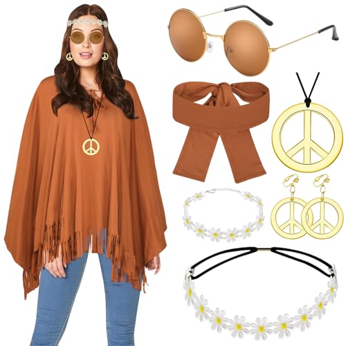 Hippie Kostüm Damen Set Karneval Poncho Hippie Accessoires 60er 70er Jahre bekleidung Damen Disco Outfit Fasching Hippie kleidung Damen Boho Indianerin Poncho Flower Power Cowgirl Kostüm Damen Frau von BITOWO