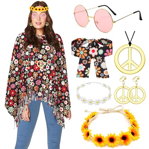 Hippie Kostüm Damen Set Karneval Poncho Hippie Accessoires 60er 70er Jahre bekleidung Damen Disco Outfit Fasching Hippie kleidung Damen Boho Indianerin Poncho Flower Power Cowgirl Kostüm Damen Frau von BITOWO