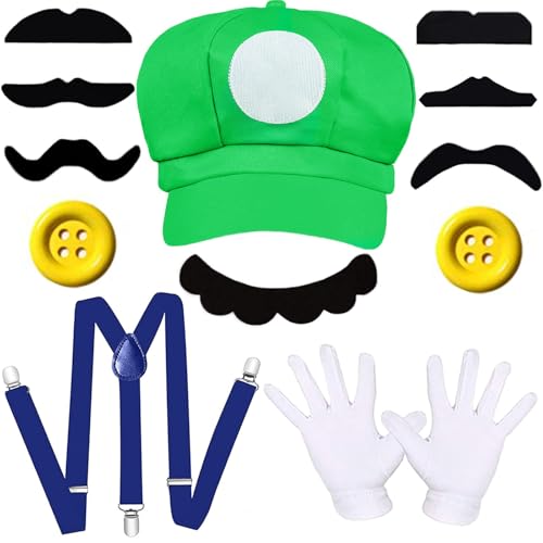 BITOWO Mario kostüm Kinder Erwachsene Accessoires mit Luigi Mütze Schnurrbart Handschuhen Knöpfen Hosenträger Mario und Luigi Kostüm Kinder Jungen Mädchen Damen Herren Kind Halloween Karneval Cosplay von BITOWO