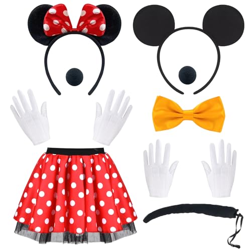 BITOWO Damen Mouse Kostüm Erwachsene mit Mini Mouse Ohren Haarreif Rock Rot Nase Handschuhe Schwanz Schleife von BITOWO