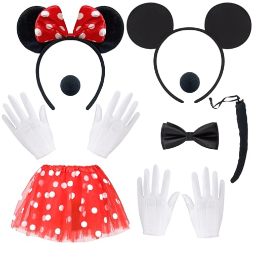 BITOWO Mouse Kostüm Damen Erwachsene mit Mini Mouse Ohren Haarreif Rock Rot Nase Handschuhe Schwanz Schleife Mini Mouse Kostüm Damen Frauen Mini Maus Kostüm Damen Erwachsene Fasching von BITOWO