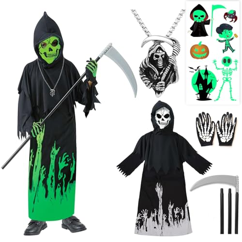 Sensenmann Kostüm Kinder Jungen Glow in The Dark 122 128 134 mit Sense Handschuhen Gruselig Halloween Kostüm Kinder Sensenmann Umhang Ghostface Scream Reaper Kostüm Kinder Schwarze Robe mit Kapuze von BITOWO