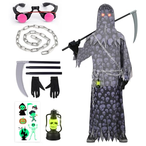 BITOWO Sensenmann Kostüm Kinder Junge 110-128 Gruselig Halloween Kostüm Kinder Sensenmann Schwarzer Umhang mit Sense Kapuze Ketten Scream Zombie Reaper Kostüm Sensenmann Kinder (S) von BITOWO