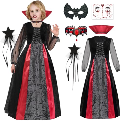 BITOWO Vampir Kostüm Kinder Mädchen 122 128 Halloween kostüm Vampir Kinder Kleid Lang mit Mask Halskette Vampire Kostüm Kinder Vampirkostüm Mädchen Kind Gothic Vampire Vampir Kleid für Halloween von BITOWO