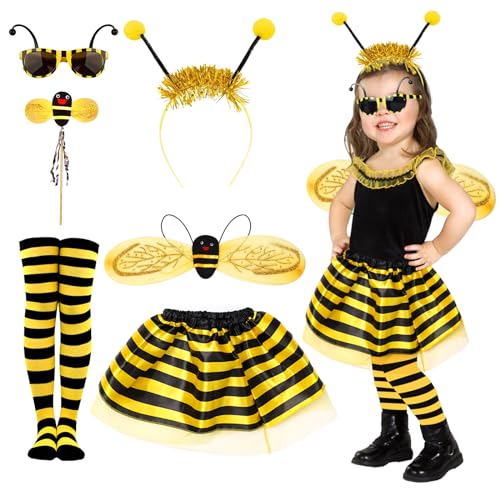 Bienenkostüm Kinder Accessoires 92-128 mit Bienen Haarreif Flügel Rock Ohrringe Überkniestrümpfe Brille Kostüm Biene kinder Zubehör Bienen Kostüm Kind Mädchen Karneval Faschingskostüm Biene von BITOWO