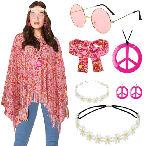 Hippie Kostüm Damen Set Karneval Poncho Hippie Accessoires 60er 70er Jahre bekleidung Damen Disco Outfit Fasching Hippie kleidung Damen Boho Indianerin Poncho Flower Power Cowgirl Kostüm Damen Frau von BITOWO