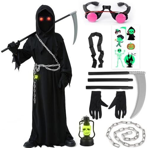 Kostüm Sensenmann Herren Damen Kostüm Sensenmann Kinder Umhang Halloween Damen Herren Erwachsene Kinder Maske Skelett Leuchtend Sensenmann Halloween Verkleidung Zubehör Halskette Tattoo Kopf (M) von BITOWO