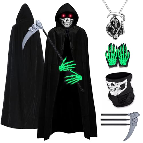 Kostüm Sensenmann Herren Damen Kostüm Sensenmann Kinder Umhang Halloween Damen Herren Erwachsene Kinder Maske Skelett Leuchtend Sensenmann Halloween Verkleidung Zubehör Halskette Totenkopf Tattoos von BITOWO