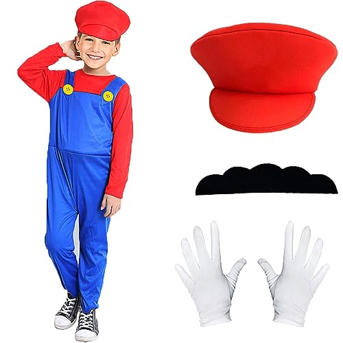 Mario Kostüm Kinder Baggy Langarm Overall mit Mario und Luigi Hut Handschuhen Schnurrbärte Klempner Kinder Outfit Duo Verkleidung Jungen und Mädchen für Halloween Cosplay Karneval Geburtstag von BITOWO