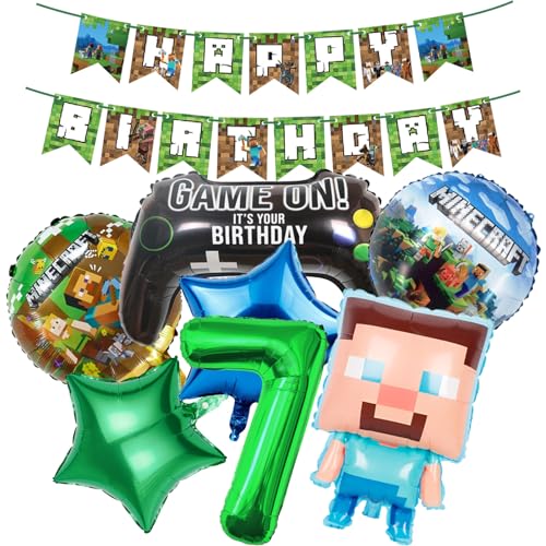 Gaming Geburtstag Dekorationen 7 Jahr Happy Birthday Ballon Banner Folienballons für Junge Geburtstag Luftballons Cartoon Lustige Happy Birthday Party Supplies Gaming Thema Party Supplies Dekoration von BITOWO