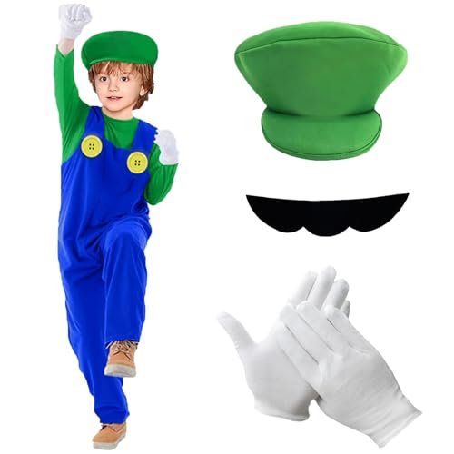 BITOWO Luigi Kostüm Kinder Jungen Mädchen 134 140 146 mit Luigi Mütze Schnurrbärte Handschuhe Luigi Kostüm Kinder Jungen Mädchen Halloween Kostüme Luigi Cosplay XL von BITOWO