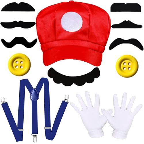 BITOWO Mario kostüm Kinder Erwachsene Accessoires mit Mario Mütze Schnurrbart Handschuhen Knöpfen Hosenträger Kostüm Kinder Jungen Mädchen Damen Herren Kind Halloween Karneval Cosplay von BITOWO