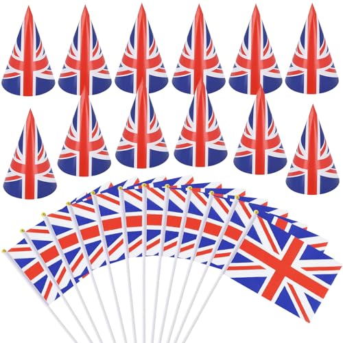 Union-Jack-Flaggen, Hüte für Männer, Frauen, Erwachsene, Kinder mit kleinen Union-Jack-Flaggen auf Stöcken, Union Jack, Partyhüte, Union Jack, Handflaggen auf Stäbchen, britische Flagge, Handheld, für von BITOWO