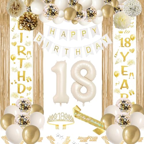 18 Geburtstag Deko Weiß Gold, 18. Party Mädchen Deko, Beige Gold Ballon Deko, Happy Birthday Girlande Tür Banner, Lametta Vorhänge, Geburtstags Schärpe für Frauen Mädchen 18 Geburtstag Deko 18 Geburtstag Deko Weiß Gold, 18. Party Mädchen Deko, Beige Gold Ballon Deko, Happy Birthday Girlande Tür Banner, Lametta Vorhänge, Geburtstags Schärpe für Frauen Mädchen 18 Geburtstag Deko von BITOYO