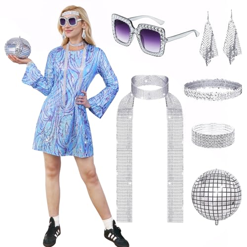 60er 70er Jahre Outfit Damen, Disco Kostüm Damen mit Glitzer kleid Disco Pailletten Sonnenbrille Haarband Ohrringe Halskette Discokugel 70er 80er Jahre Bekleidung Damen Fasching Karneval Kostüm (L) von BITOYO