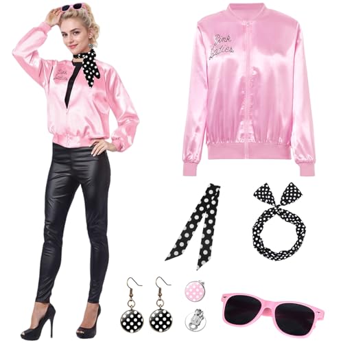 50s Pink Ladies Damen, 50er Jahre Outfit Schicke Jacke Kostüm Set, Rockabilly Accessoires Damen mit Haarband Binden Brille Ohrringe für Halloween Karneval Cosplay von BITOYO