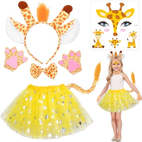 BITOYO 6 Stück Giraffen Kostüm Kinder, Tierkostüm Kinder mit Tutu Rock Giraffenanzug Giraffen Stirnband Schwanz und Gesicht Kunst Aufkleber für Dschungelparty, Halloween, Karneval von BITOYO