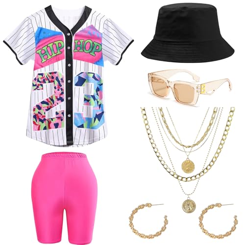 BITOYO 80er 90er Jahre Outfit für Damen, Unisex Hip Hop Baseball Trikot Yoga Leggings Bucket Hat Brille Goldkette Ohrringe 80er Jahre Accessoires für Carnival Weihnachten (L) von BITOYO